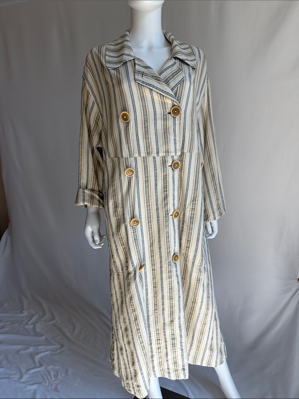 Free People Striped Double-Breasted Maxi Coat Dress in Cream and Beige